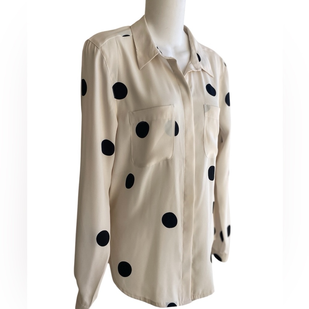 Loft Cream Black Circle Button Down Blouse Collared Pockets Chiffon Size Small - Picture 2 of 3